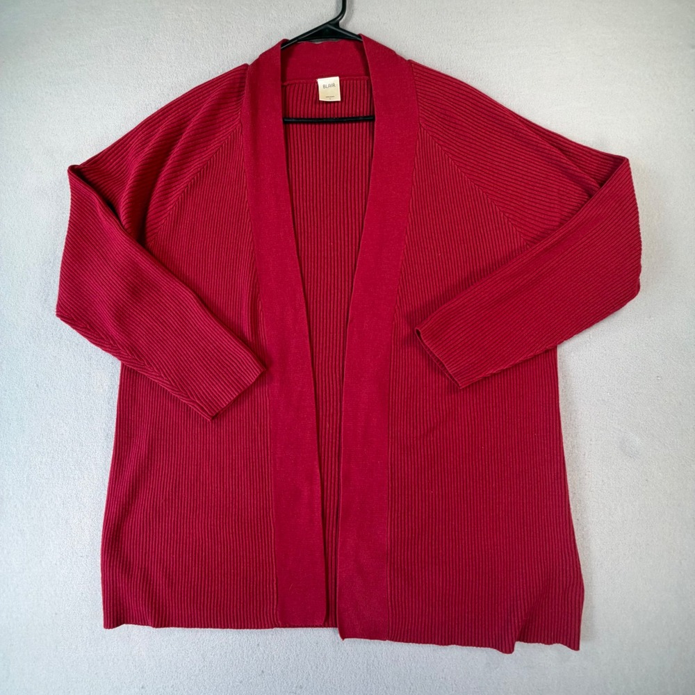 Blair Ribbed Cardigan Sweater Women Large Red Longline Open Front Knit Preppy L